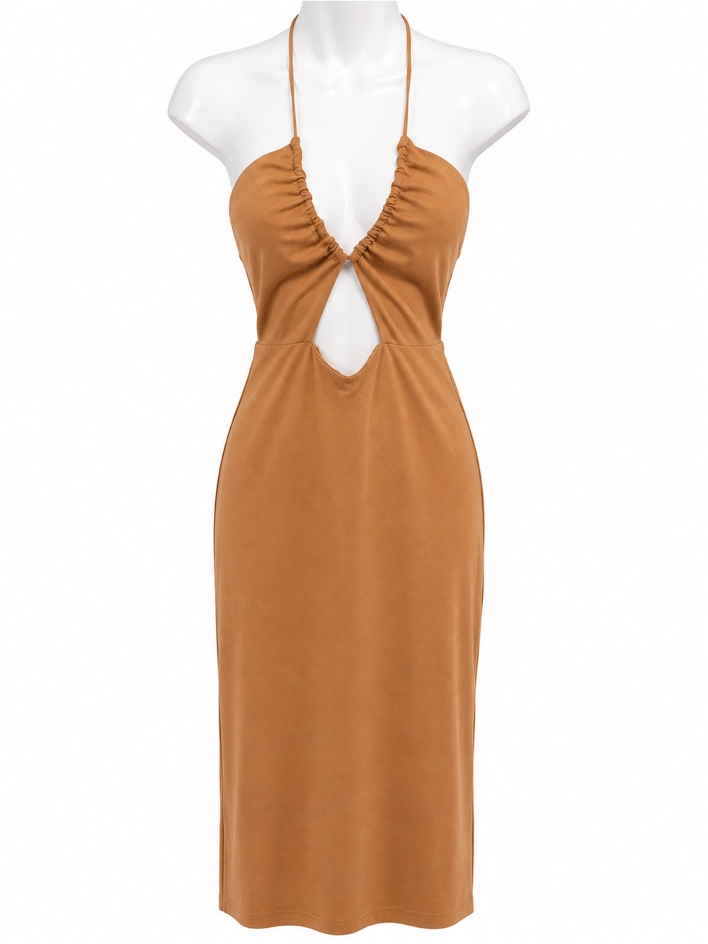 NBD Backless Halter Midi Dress in Rust Brown